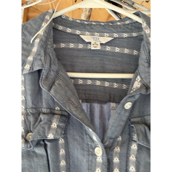 Women's Medium Blue Chambray Denim Long-Sleeve Shirt Dress Stripe Button - Picture 2 of 6